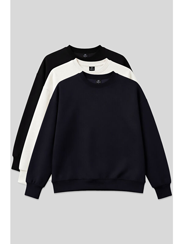 Tommylife Basic Oversıze O Yaka 3lü Paket Siyah-Lacivert- Ekru Kadın Sweatshirt - 97053