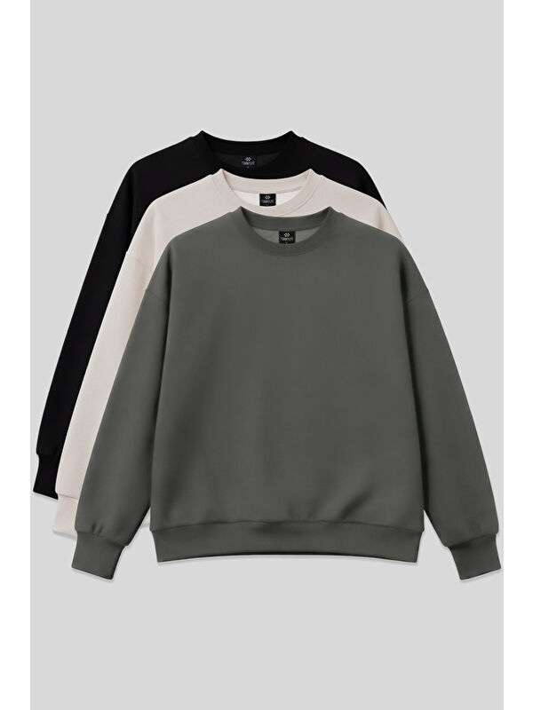 Tommylife Basic Oversıze O Yaka 3lü Paket Siyah-Haki- Bej Kadın Sweatshirt - 97053