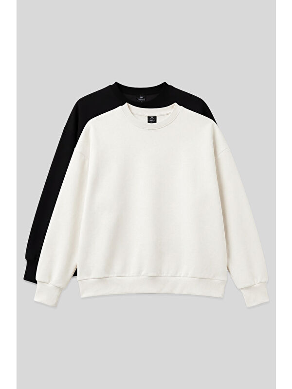 Tommylife Basic Oversıze O Yaka 2li Paket Siyah-Ekru Kadın Sweatshirt - 97053