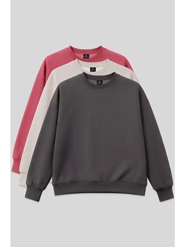 Tommylife Basic Oversıze O Yaka 3lü Paket Koyu Gri-Bej- Yaban Gülü Kadın Sweatshirt - 97053