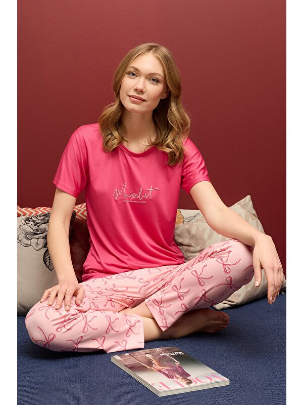 Fullamoda Çizgili Kalpli Bisiklet Yaka Pijama Takımı