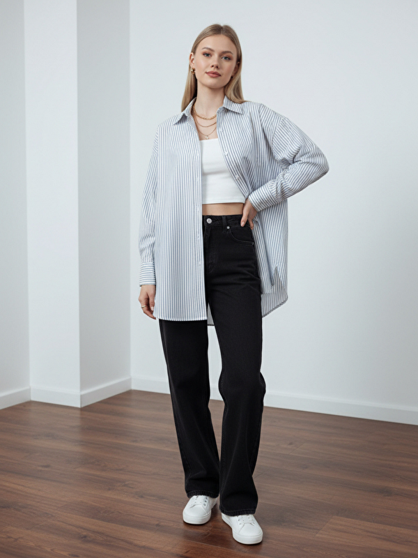 Pera Moda Çizgili Oversize Kadın Gömlek