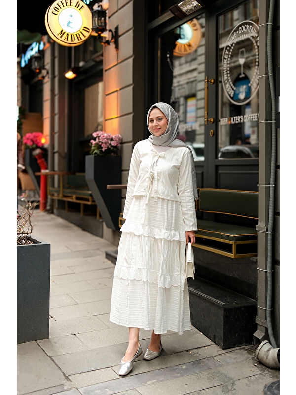 Locco Moda Kadın Önü Kurdale Detay Tesettür ikili Takım Beyaz