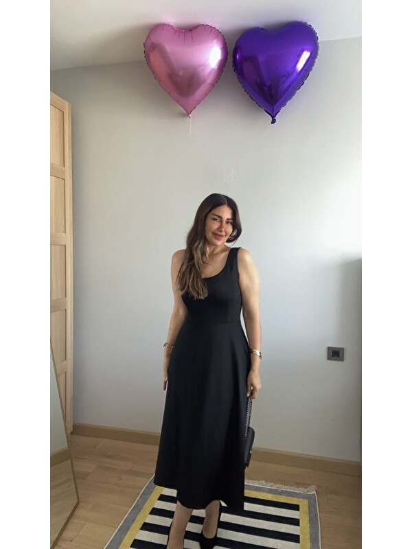Jane's Kadın Askılı Kare Yaka Yırtmaçlı Midi Janjan Krep Elbise