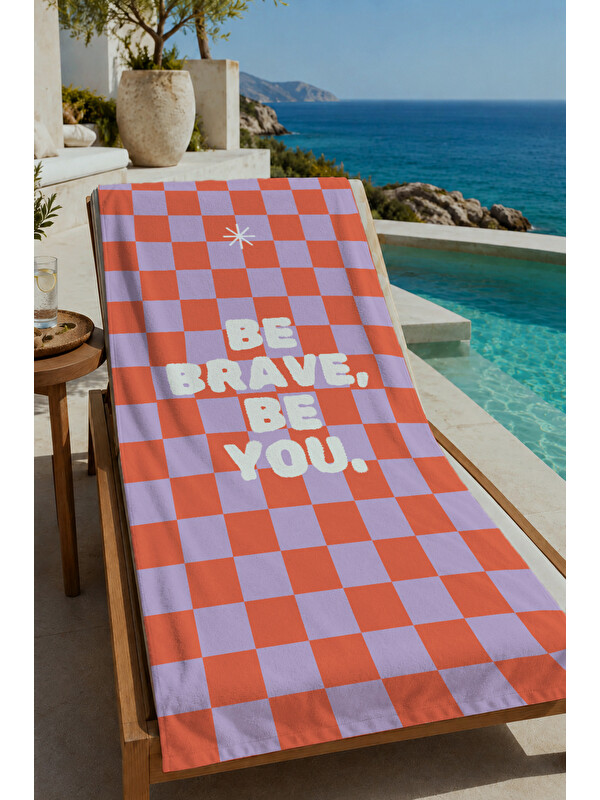Milbay Grup Turuncu Lila Dama Be Brave Be You Yazılı 70x150 cm Dijital Baskılı Plaj ve Banyo Havlusu