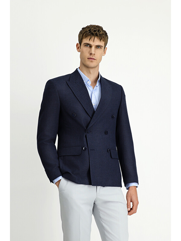 Kiğılı Dar Kesim Desenli Kruvaze Blazer Ceket