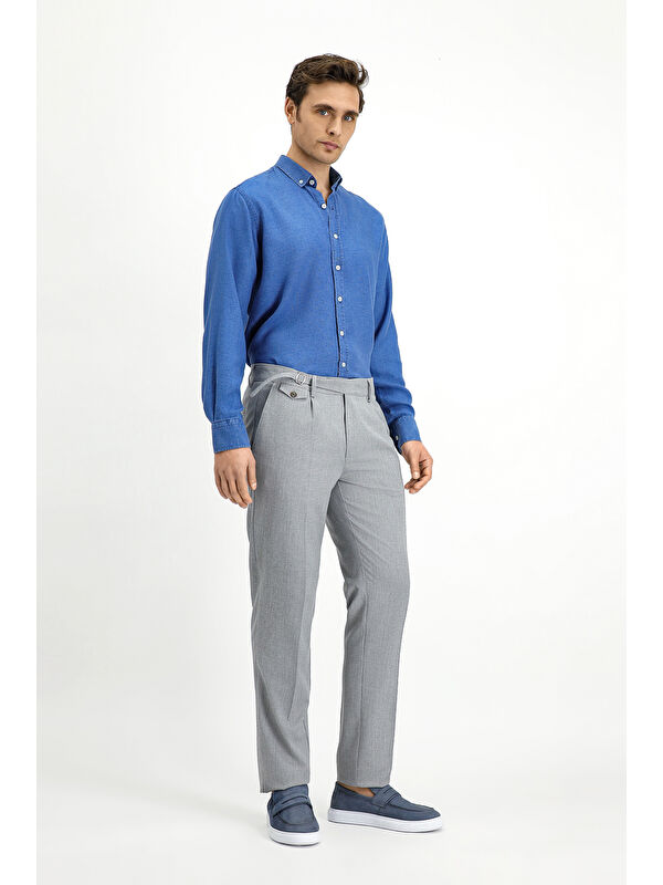Kiğılı Slim Fit Dar Kesim Elastanlı Desenli Tokalı Pileli Klasik Kumaş Pantolon