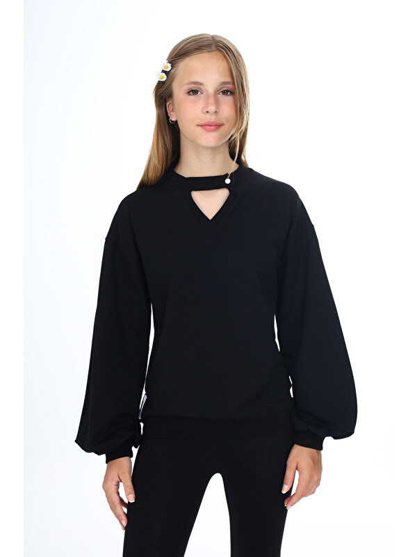 Toontoykids Kız Çocuk Relax Fit V Yaka Detaylı Düşük Omuz Balon Kol Sweatshirt - 2 İplik