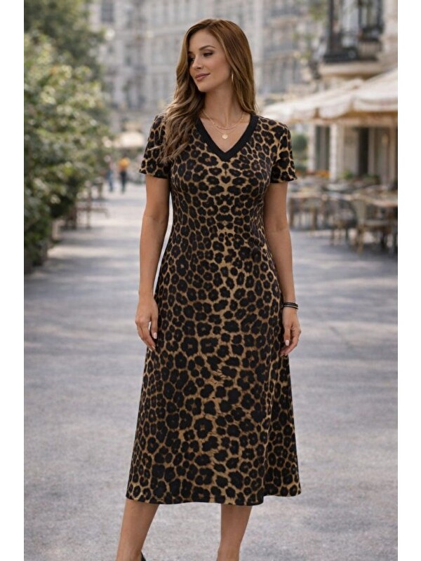 Jane's Kadın Kısa Kollu V Yakalı Leopar Desenli Kısa Süprem Elbise