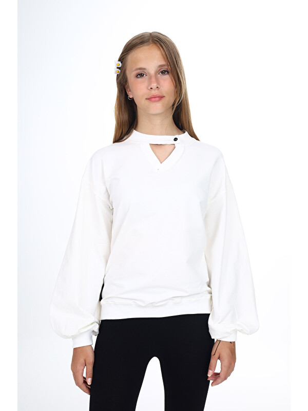 Toontoykids Kız Çocuk Relax Fit V Yaka Detaylı Düşük Omuz Balon Kol Sweatshirt - 2 İplik