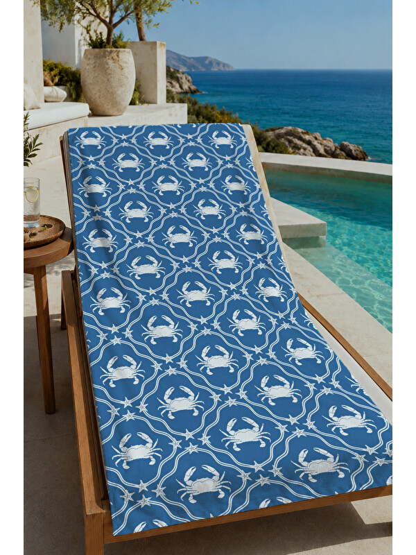 Milbay Grup Lacivert Beyaz Klasik Yengeç Damask Desenli 70x150 cm Dijital Baskılı Plaj ve Banyo Havlusu