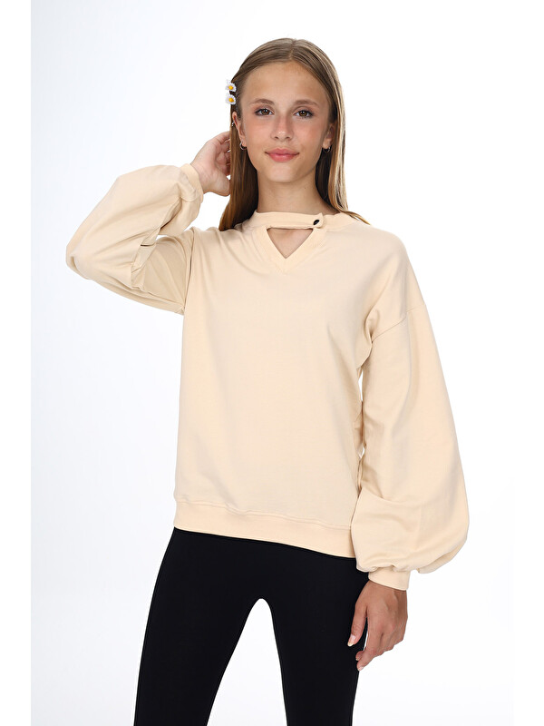Toontoykids Kız Çocuk Relax Fit V Yaka Detaylı Düşük Omuz Balon Kol Sweatshirt - 2 İplik