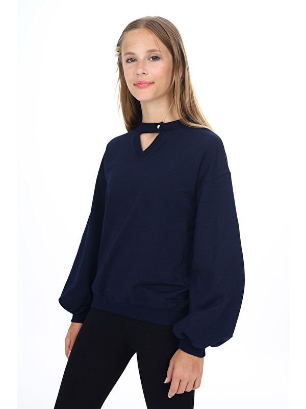 Toontoykids Kız Çocuk Relax Fit V Yaka Detaylı Düşük Omuz Balon Kol Sweatshirt - 2 İplik