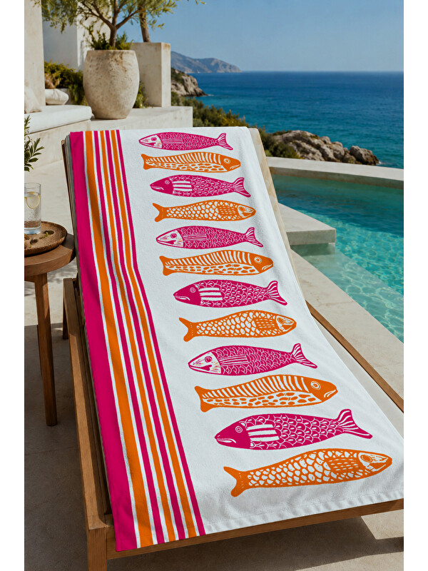 Milbay Grup Milbay Grup Beyaz Pembe Turuncu Çizgili Balık Desenli 70x150 Cm Dijital  Plaj Ve Banyo Havlusu-37241