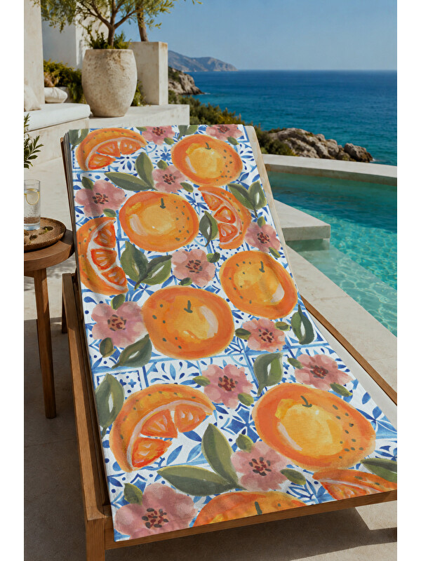 Milbay Grup Turuncu Limon Narenciye Bahçesi Desenli 70x150 cm Dijital Baskılı Plaj ve Banyo Havlusu