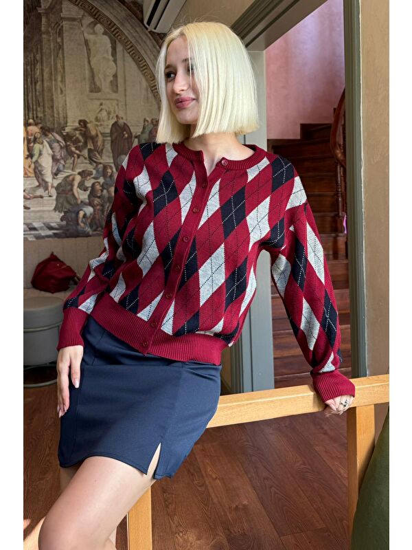 Madmext Bordo Baklava Desenli Bisiklet Yaka Kadın Hırka Mg2496