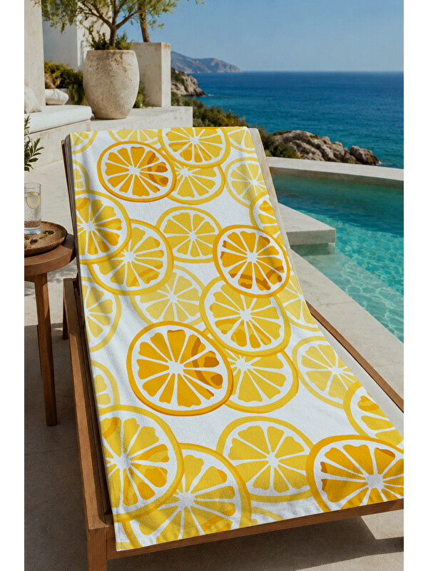 Milbay Grup Bej Sarı Limon Desenli 70x150 cm Dijital Baskılı Plaj ve Banyo Havlusu