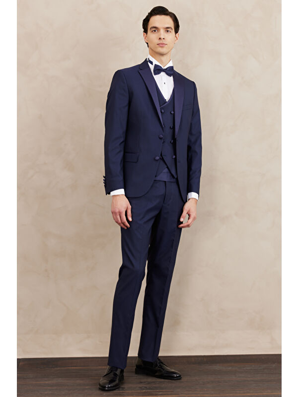 Altınyıldız Classics Erkek Lacivert Slim Fit Dar Kesim Mono Yaka Desenli Yelekli Smokin Takım