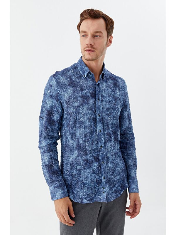 Sabri Özel Erkek İndigo Slim Fit Gömlek – Uzun Kollu, Baskılı