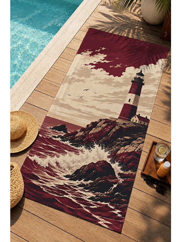 Milbay Grup Vintage Bordo Deniz Feneri Fırtına Desenli 70x150 Plaj Havlusu - Dijital Baskılı Banyo Havlusu