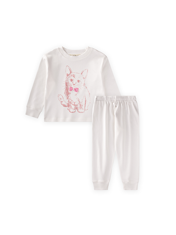 CİGİT Kedi Baskılı Pijama Takım 2-8 Yaş Ekru