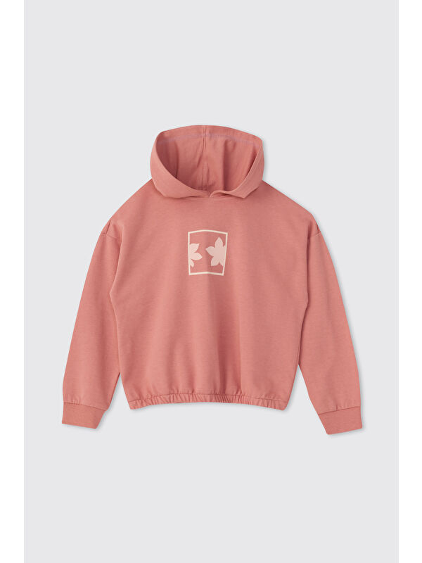 Panço Kız Çocuk Baskılı Kapüşonlu Pembe Sweatshirt