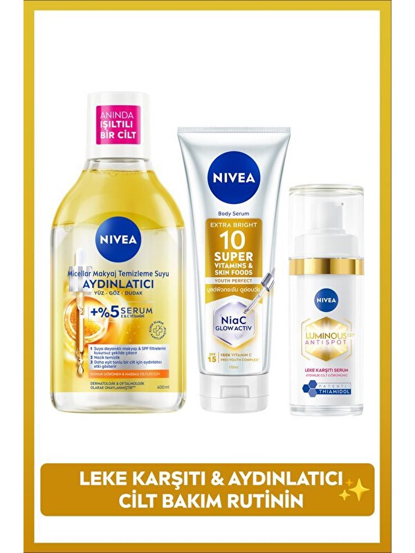 NIVEA Leke Karşıtı ve Aydınlatıcı Cilt Bakım Seti,Luminous630 Serum,Makyaj Temizleme Suyu,Vücut Losyonu