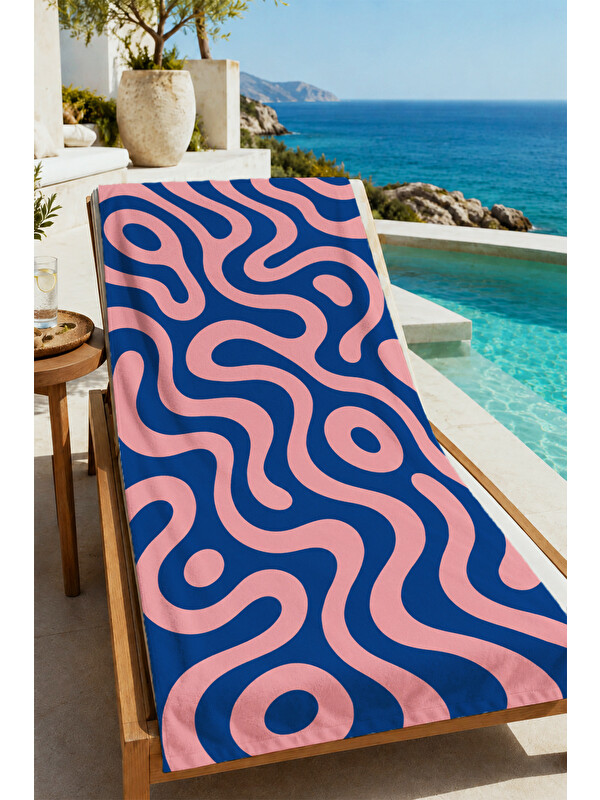 Milbay Grup Psychedelic Lacivert Pembe Dalgalı Çizgi Desenli 70x150 Plaj Havlusu - Dijital Baskılı Banyo Havlusu