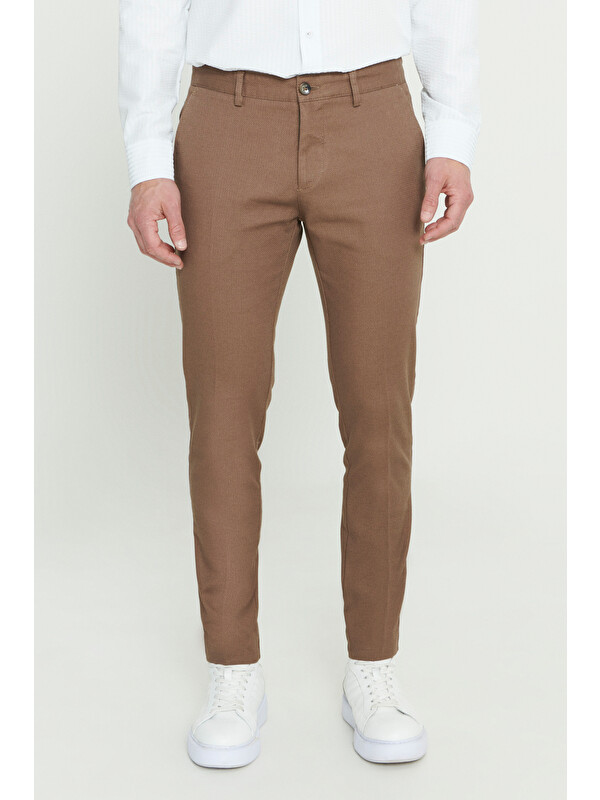 AC&Co / Altınyıldız Classics Erkek Camel Slim Fit Dar Kesim Armürlü Esnek Casual Pantolon