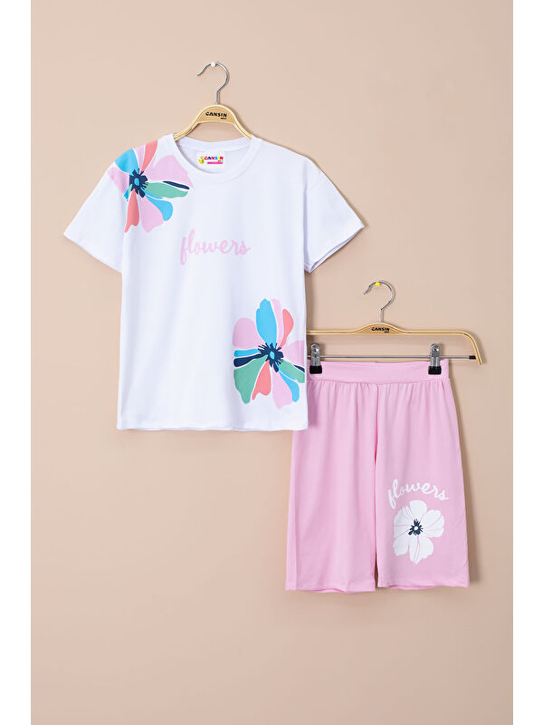 Cansın Mini Pembe Omzu Çiçek Baskılı Tİşörtlü Şortlu Kız Çocuk 2li Takım 21066