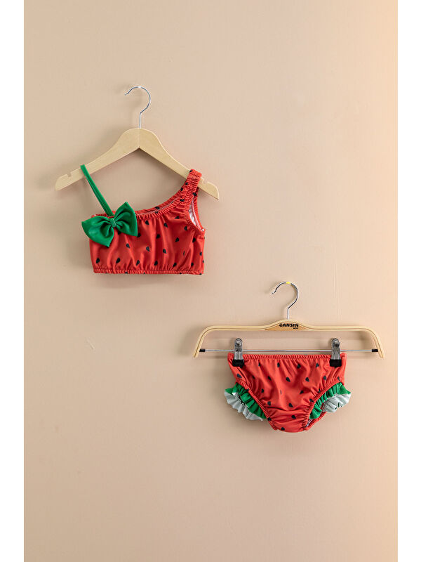 Cansın Mini Kırmızı Karpuz Desenli Fiyonklu Kız Çocuk Omuz Askılı Bikini 21113