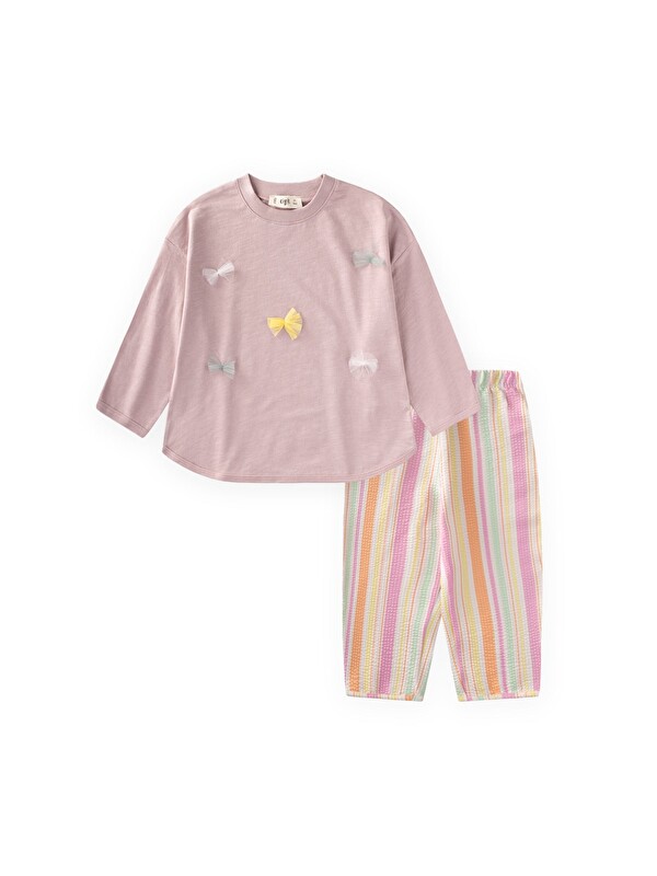 CİGİT Oversize T-Shirt Pantolon Takım 2-10 Yaş Leylak Turuncu Çizgili
