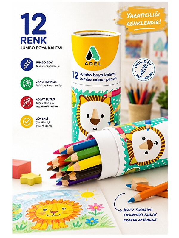 artmaster 12 li Jumbo Kuru Boya Kalemi Teneke Kutu 1 Paket Adel Kalın 12 Renk Jumbo Kuruboya Tam Boy Renkli