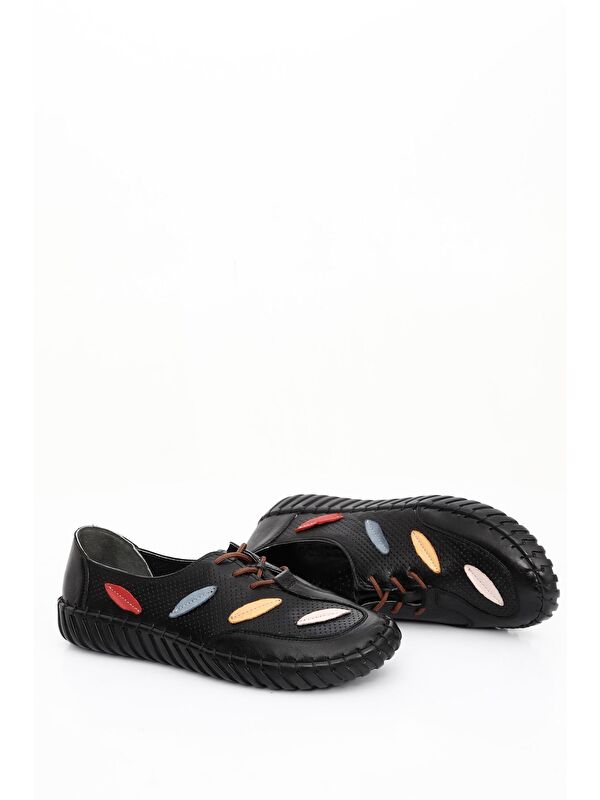 SİYAH Hakiki Deri Yuvarlak Burun Düz Taban Kadın Sneaker 45671 - Görsel 2