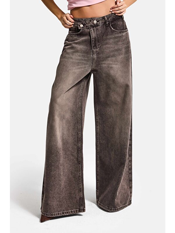 It's Basic Kadın Koyu Kahve 4s6-16 Mega Baggy Fit Kemer Detaylı Bol Kesim Denim Jean