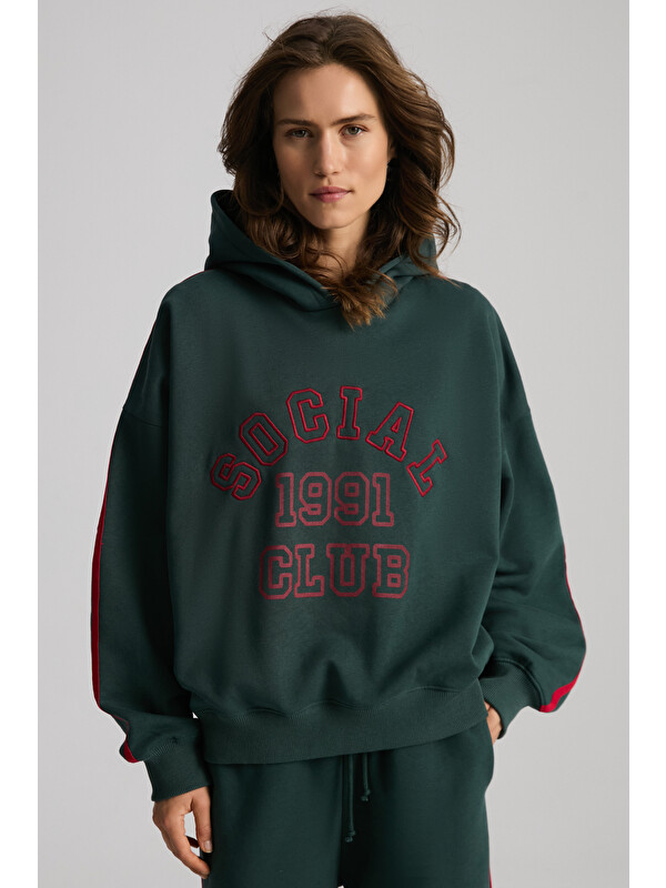 GRIMELANGE Possıbılıty Kadın Oversize Kolları Kontrast Biyeli İçi Polarlı Yumuşacık Kapüşonlu YEŞİL Sweatshirt