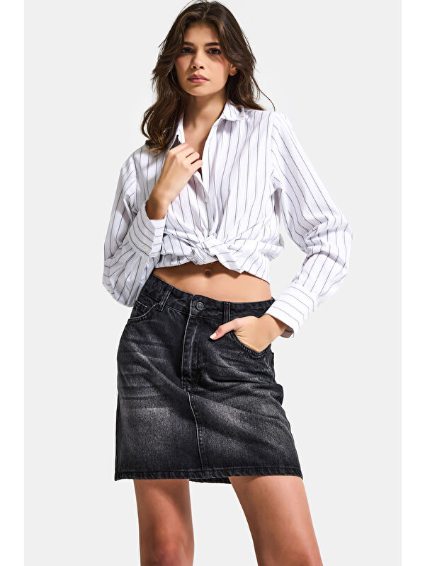 It's Basic Kadın Koyu Füme 2s6-1 Straight Fit %100 Pamuk Mini Denim Etek