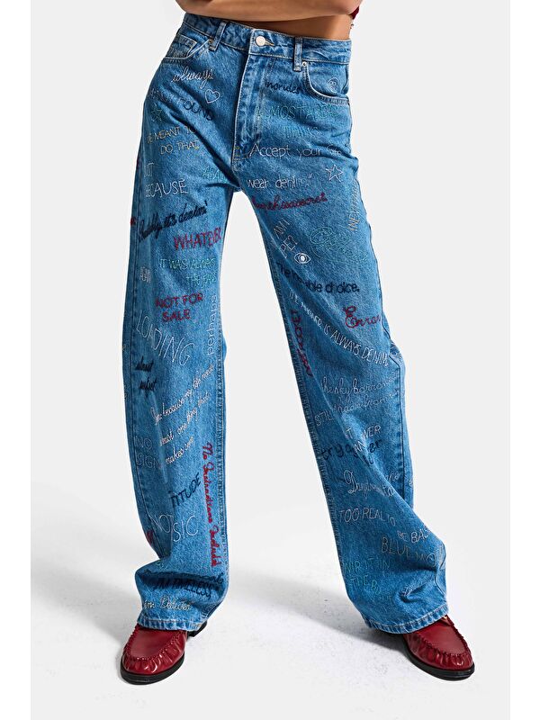 It's Basic Kadın Mavi 1s6-4 Straight Fit Yüksek Bel %100 Pamuk Özel Tasarım Denim Jean