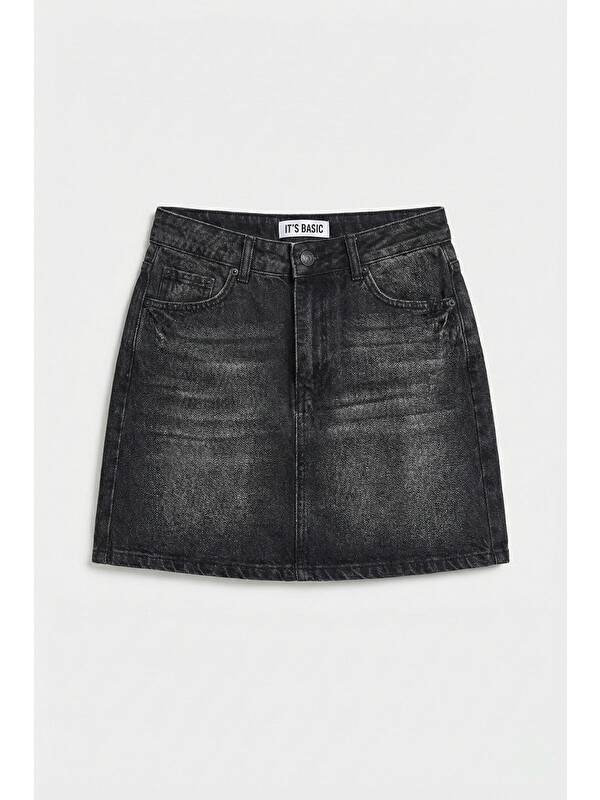 It's Basic Kadın Koyu Füme 2s6-1 Straight Fit %100 Pamuk Mini Denim Etek
