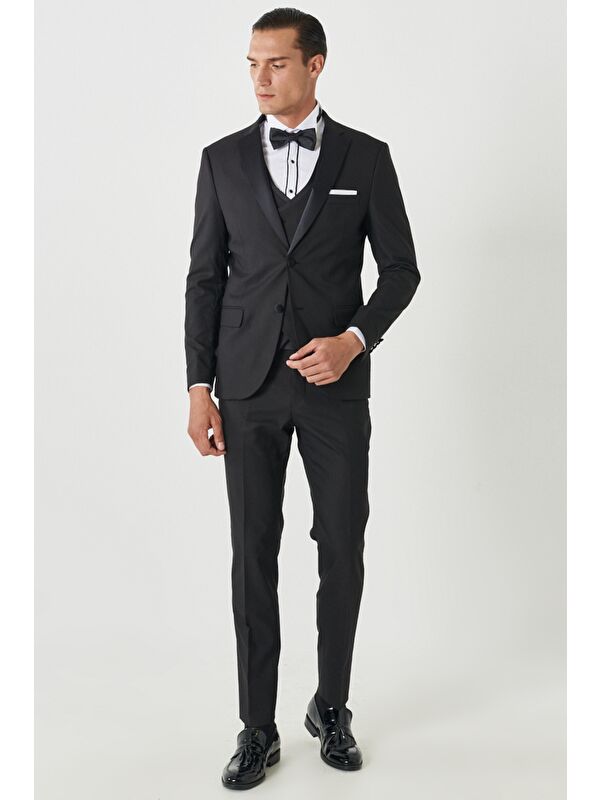 Altınyıldız Classics Erkek Siyah Slim Fit Dar Kesim Mono Yaka Desenli Yelekli Smokin Takım