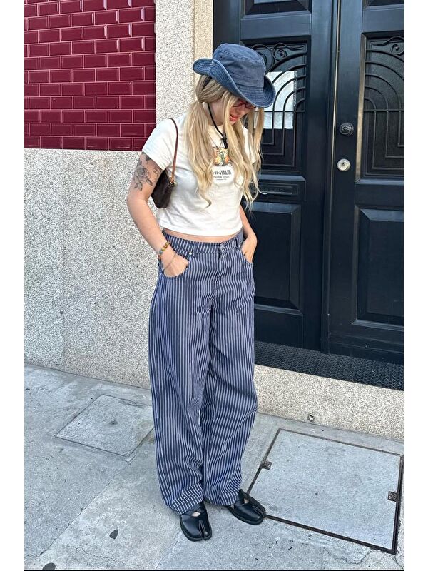 Madmext Lacivert Çizgili Kadın Jean Pantolon Mg2463