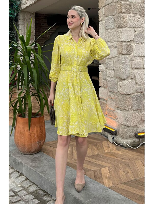 Madmext Sarı Çiçek Desenli Gömlek Yaka Mini Elbise Mg1823