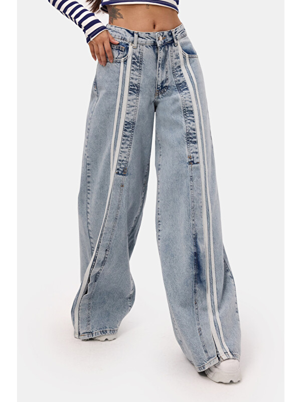 It's Basic Kadın Jean Rengi 3s6-27 Palazzo Fit Şerit Detaylı Tasarım Denim Jean