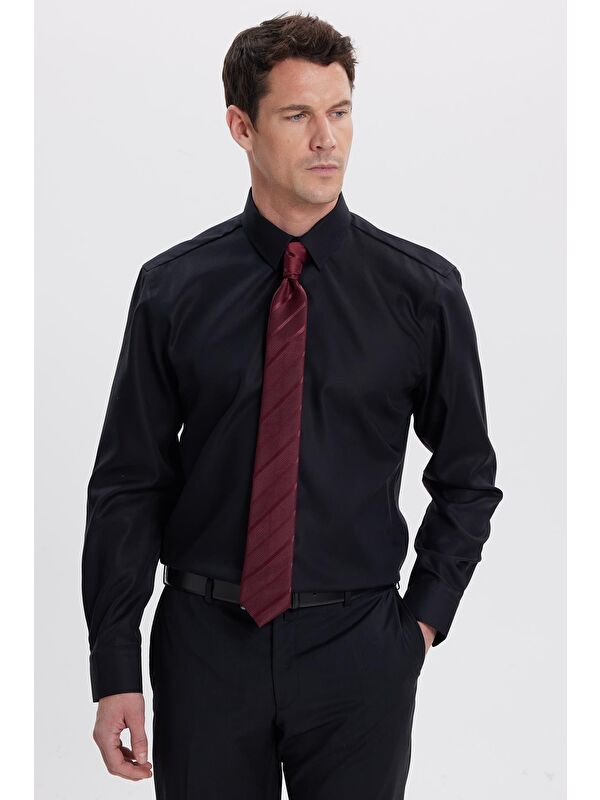 TUDORS Slim Fit Siyah Non-Iron %100 Pamuk Doğa Dostu Ekoteks Belgeli Ütü Gerektirmez Gömlek