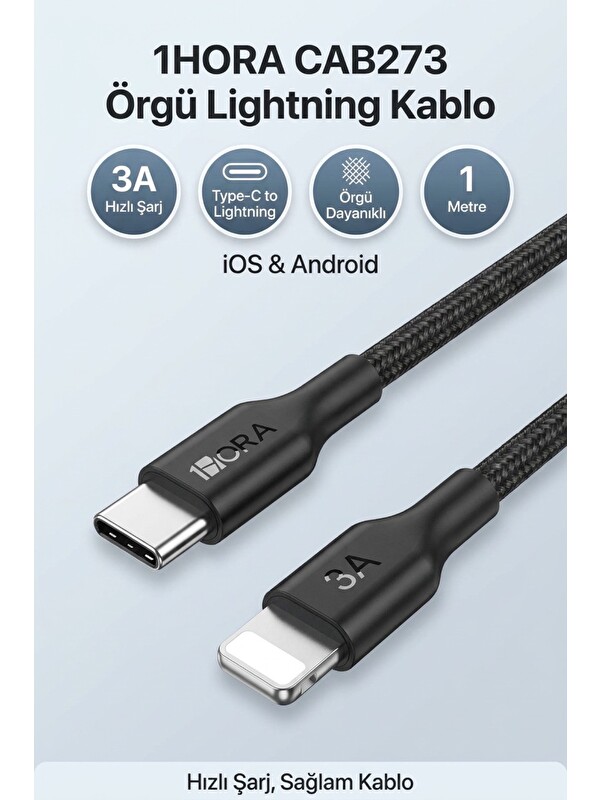 Oglo 1HORA CAB273 Örgü Lightning Kablo 3A Hızlı Şarj 1 Metre Dayanıklı iPhone Siyah