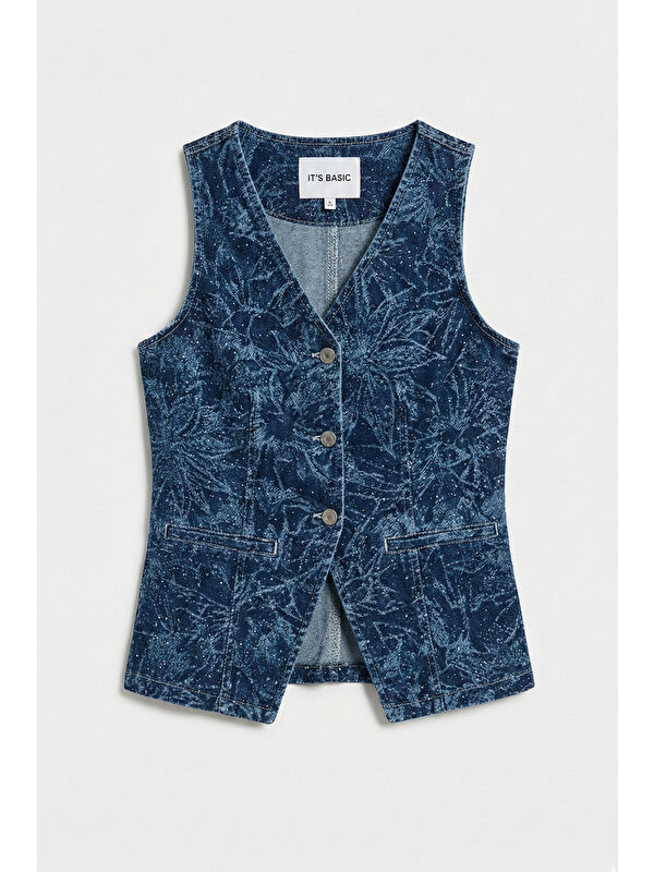 It's Basic Kadın Mavi 1s6-7 Önü Düğmeli Çiçek Desenli Parlak Taşlı Tasarım Denim Yelek
