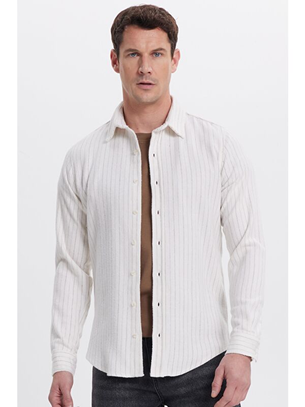 TUDORS Erkek Slim Fit Dar Kesim Yaka Düğmeli Çizgili Oduncu Gömlek