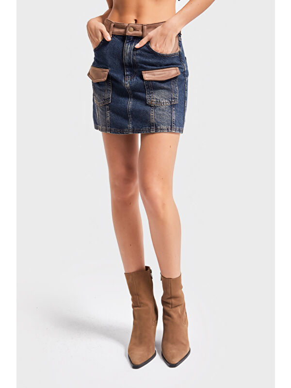 It's Basic Kadın T.Kot Rengi 2w5-8 Süet Parçalı Önden Cepli 41cm Özel Tasarım Denim Etek