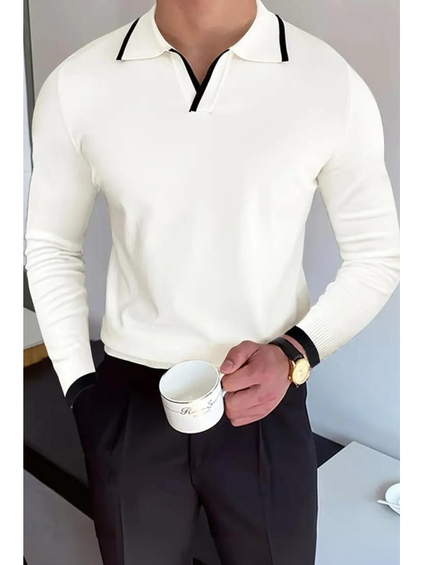 Oksit Roxy Slim Fit Yakası ve Kolu Şeritli Erkek Polo Yaka Triko Kazak