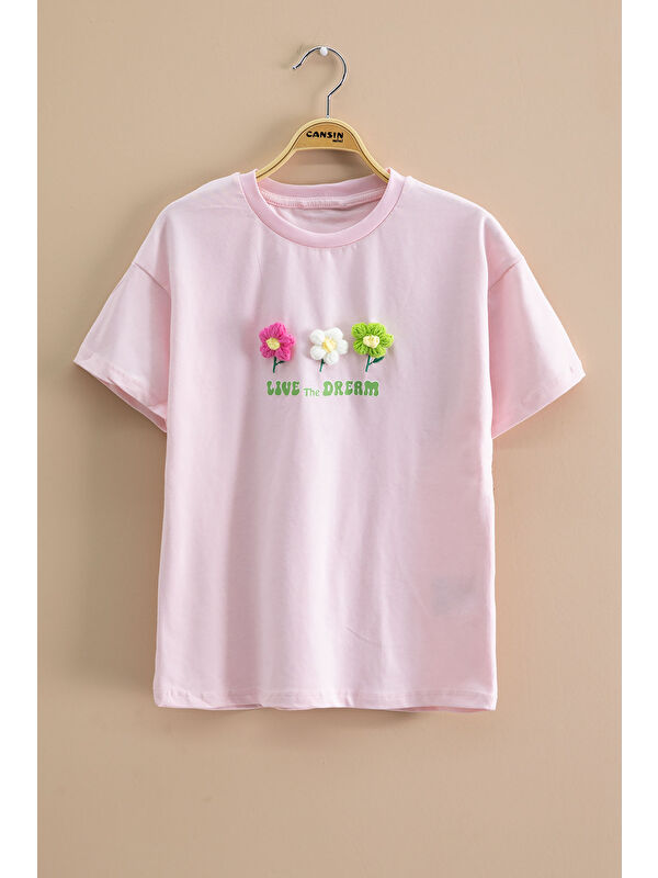 Cansın Mini Pembe Papatya Nakışlı Bisiklet Yaka Kız Çocuk Tişört 20985
